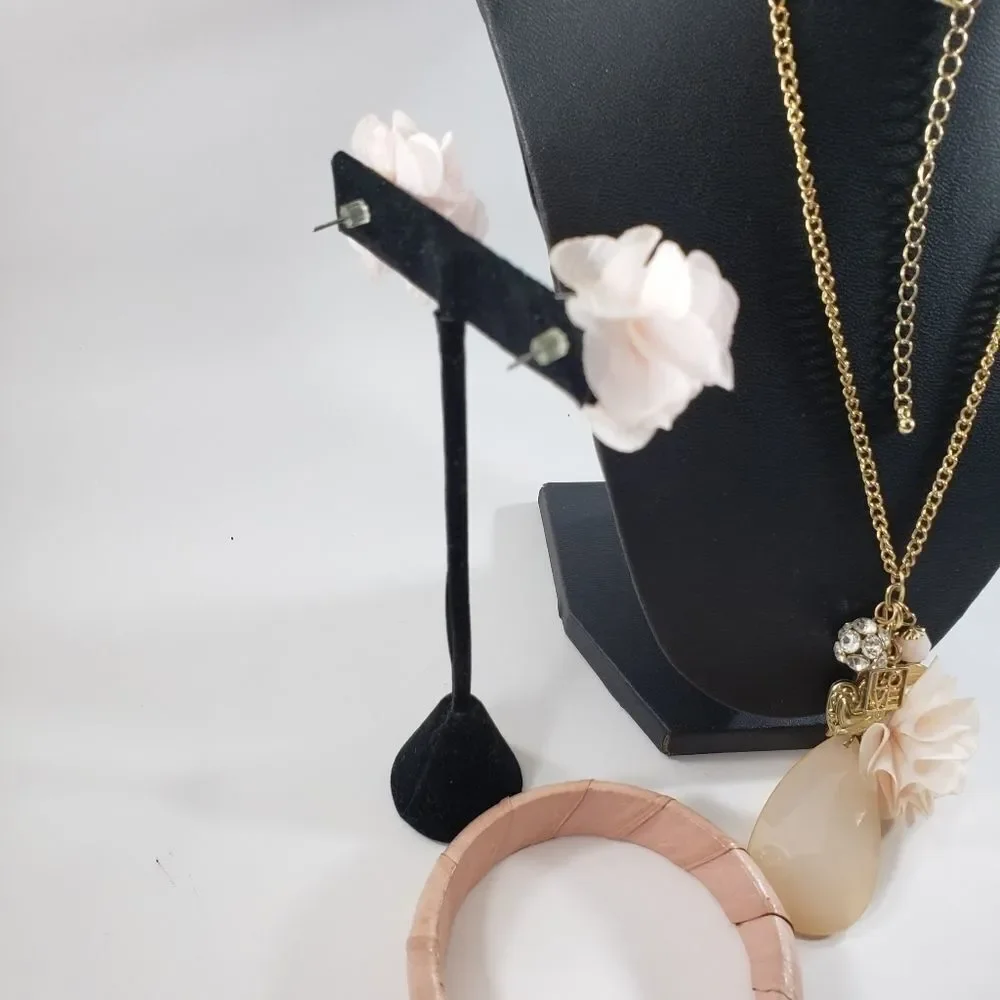 3 pc set pink poof flower earrings charm necklace - Picture 4 of 5